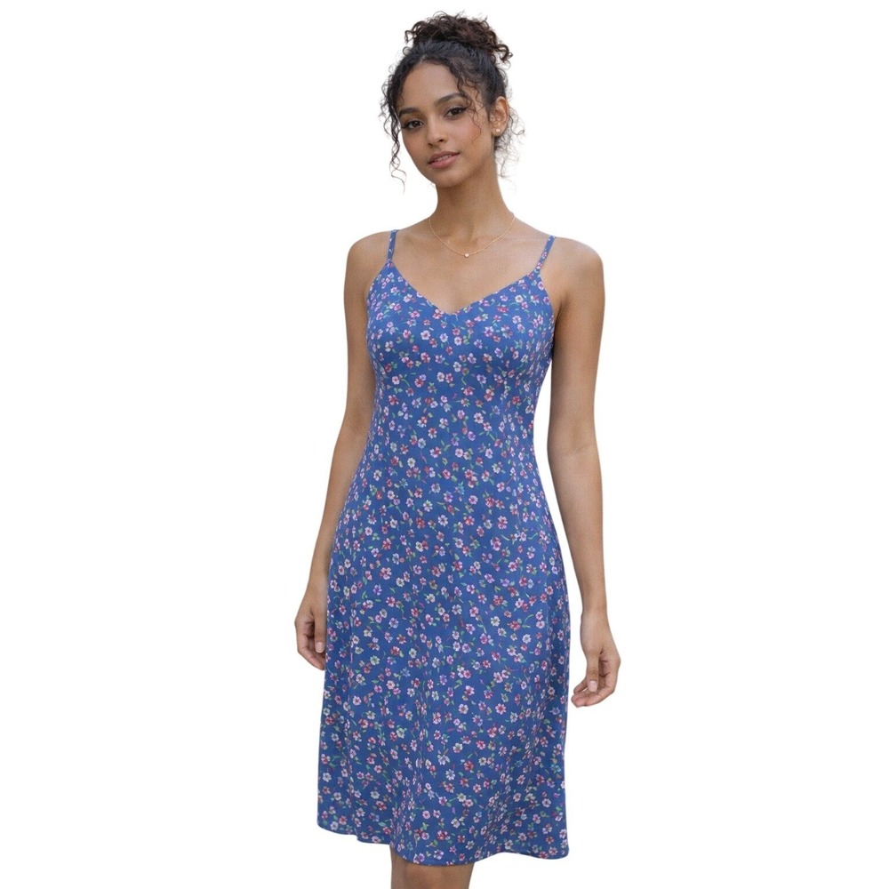 Express Womens Blue Floral Midi Slip Dress Spaghetti Strap Size 3/4 Y2K